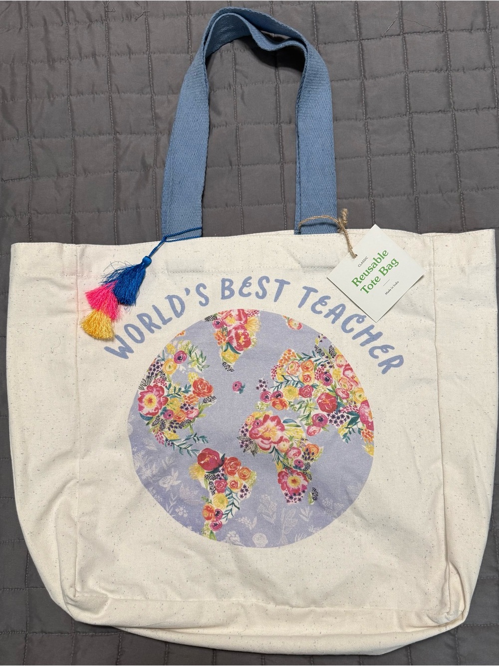 “World’s Best Teacher” Large‎ Canvas Tote Bag Floral Reusable Cavas